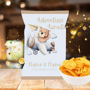 Adventure awaits chip bag, adventure awaits baby shower party decor and favors, travel theme baby shower, plane theme baby shower, custom