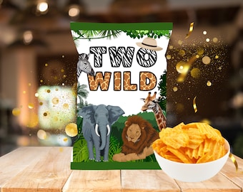 Two Wild Birthday Chip Bag, Safari Animals, Custom Party Favors (Digital Product)