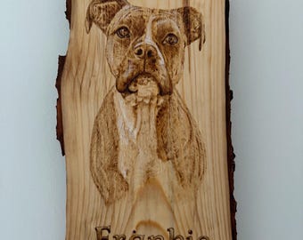 Hondenportret pyrografie op maat: handgemaakt, houtgebrand gedenkteken voor huisdieren