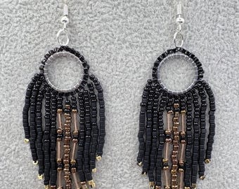 Black and bronze Beaded Fringe Earrings, Handmade Boho Jewelry