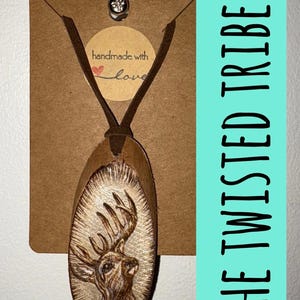 Woodburned Deer Totem Pendant Necklace: Pyrography Animal Jewelry