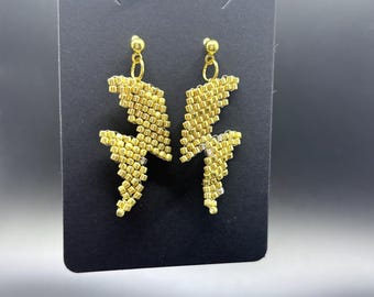 Gold Lightning Bolt Earrings, Beaded Statement Earrings, Celestial Jewelry, Thunderbolt Earrings, Lightweight Dangle Earrings