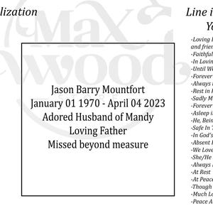 May include: A wooden urn box with a blue and white resin inlay. The text on the box reads "Jason Barry Mountfort, January 01 1970 - April 04 2023, Adored Husband of Mandy, Loving Father, Missed beyond measure".