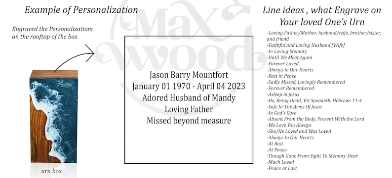 May include: A wooden urn box with a blue and white resin inlay. The text on the box reads "Jason Barry Mountfort, January 01 1970 - April 04 2023, Adored Husband of Mandy, Loving Father, Missed beyond measure".
