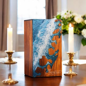 Handmade Rosewood Cremation Urn: Ocean Wave Resin Memorial Box