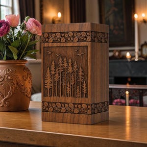 May include: A wooden urn with a carved forest scene featuring tall trees and flying birds. The urn is rectangular with decorative leaf patterns around the top and bottom. The wood has a warm, natural tone.