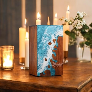 Rosewood Cremation Urn: Ocean Wave Resin Art - Remembrance Keepsake