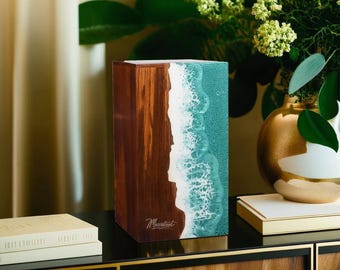 Handcrafted Rosewood Urn with Green Resin Ocean Wave – Ashes Keepsake Box