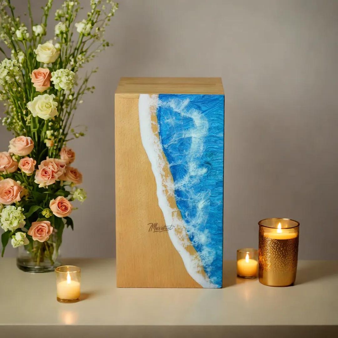 Handcrafted Beach Wood and Resin Ocean Wave Design Memorial Urn Box ...