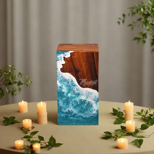 Rosewood Cremation Urn: Ocean Wave Resin Design, Remembrance Keepsake