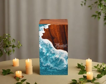 Rosewood Cremation Urn: Ocean Wave Resin Design, Remembrance Keepsake