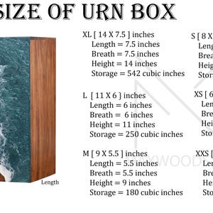 May include: A wooden urn box with a blue and white resin inlay. The box is available in various sizes, with dimensions and storage capacity listed in inches. The sizes include XL, L, M, S, XS, and XXS.