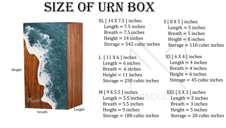 May include: A wooden urn box with a blue and white resin inlay. The box is available in various sizes, with dimensions and storage capacity listed in inches. The sizes include XL, L, M, S, XS, and XXS.