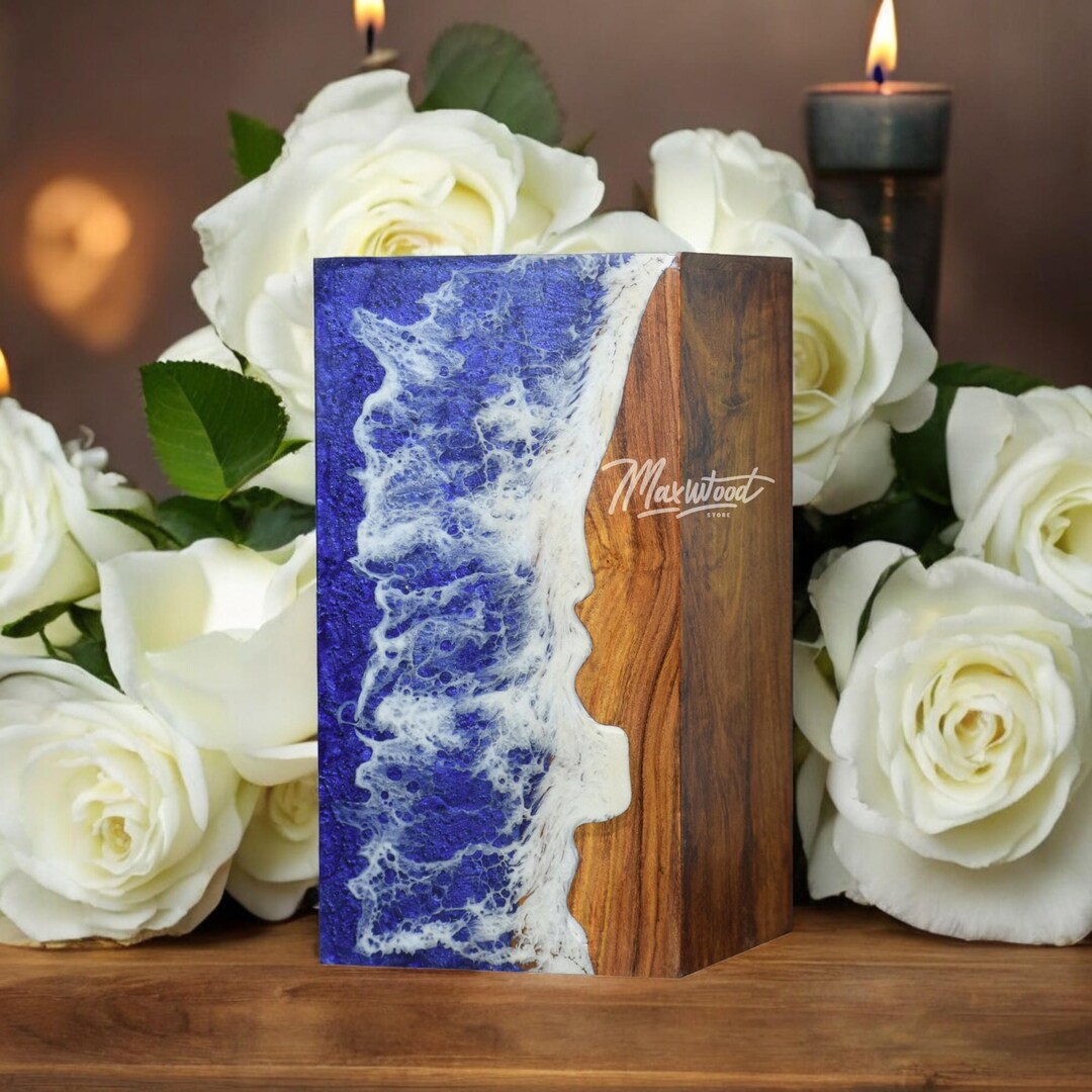 Handcrafted Rosewood Ocean Wave Resin Urn Box: Coastal Memorial ...