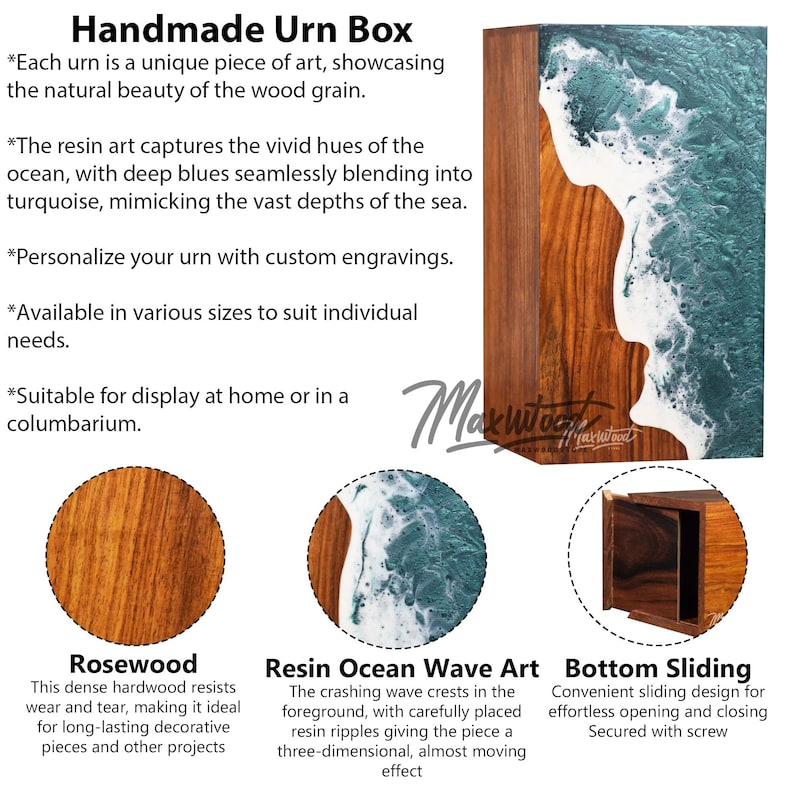 May include: Handmade wooden urn box featuring a resin ocean wave design. The box has a sliding lid and is crafted from rosewood. The resin art incorporates deep blues and turquoise shades, resembling the ocean.