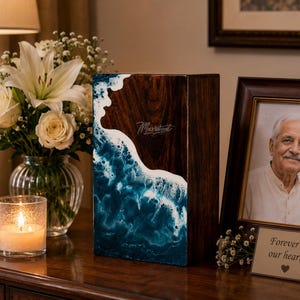 Rosewood Cremation Urn: Ocean Wave Resin Design, Remembrance Keepsake