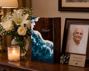 Rosewood Cremation Urn: Ocean Wave Resin Design, Remembrance Keepsake