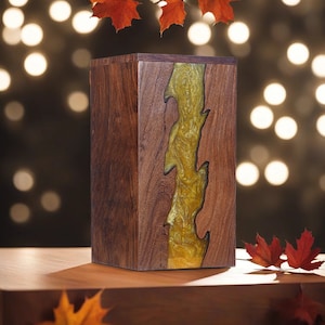 Handcrafted Rosewood Urn Box: Golden Resin Inlay, Memorial Keepsake