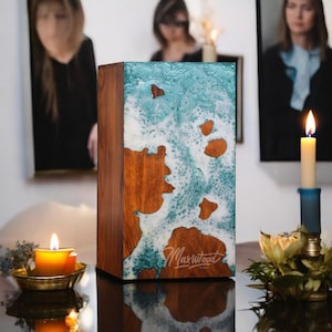Rosewood Cremation Urn: Ocean Wave Resin Art - Remembrance Keepsake