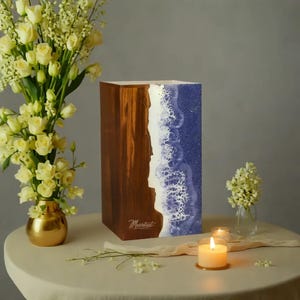 Handcrafted Rosewood Urn: Resin Ocean Wave Design, Cremation Memorial