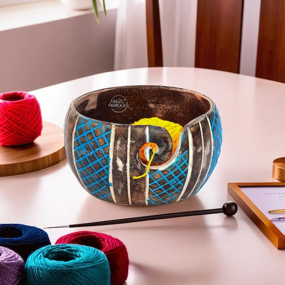 Handmade Mango Wood Yarn Bowl: Antique Check Carving - Etsy