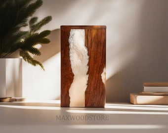 Rosewood Memorial Urn with White Resin – Wooden Ashes Box for Human Remains