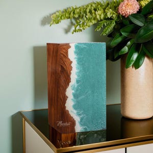 Handcrafted Rosewood Urn: Resin Ocean Wave Memorial Ashes Box