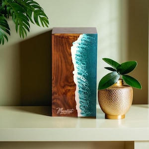 Handcrafted Rosewood Ocean Wave Urn: Unique Resin Memorial Keepsake