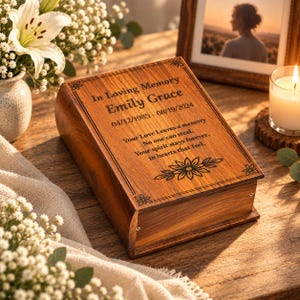 Urna funeraria de madera personalizada para cenizas humanas, caja conmemorativa estilo libro, recuerdo grabado.