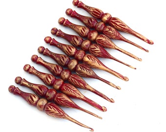 Juego de agujas de crochet de madera de tun hechas a mano: agujas de tejer marrones talladas