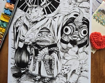 Encounter Print - Chi Wong Drawing - Black and White Ink Art, Home Wall Decor, Fantasy Concept Art, Fish, Ox, Toad, Fox Characters