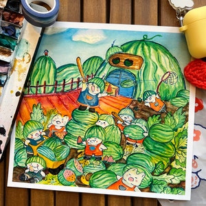 Impresión de campo de sandía - Dibujo de Chi Wong - Conejito lindo, Días de verano vibrantes, Arte de frutas, Pintura de acuarela y gouache, Decoración de pared de cocina