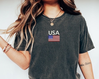 Comfort Colors US Flag T-Shirt, Embroidered USA Flag Shirt, United States of America Shirt, Embroidered 4th of July T-Shirt
