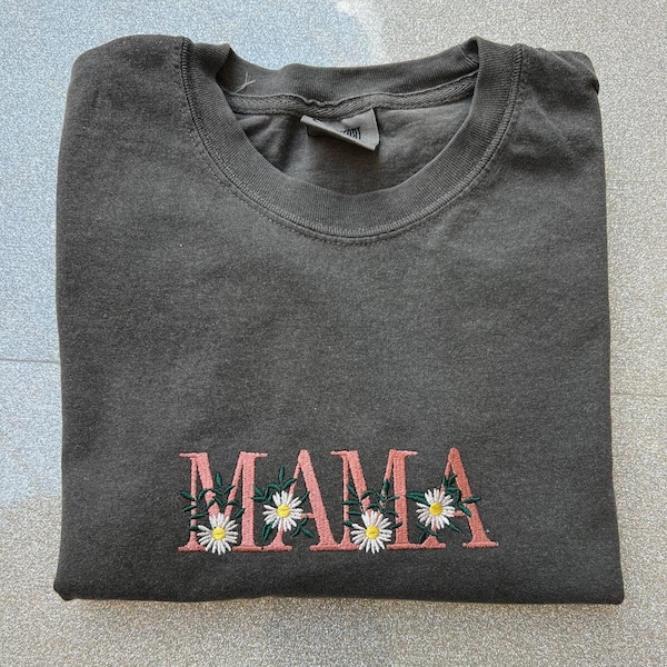 Embroidered Floral Mama Shirt,Comfort Colors Mama,Mom Gift Shirt,Embroidered Mama Shirt,Custom Floral Text Shirt,Personalized Name on Sleeve