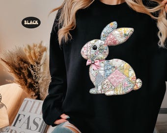 Patchwork Floral Bunny Sweatshirt, Cute Easter Coquette Bow Hoodie, Trendy Bunny Women's Sweatshirt, Easter Matching Gift,Easter Bunny Shirt