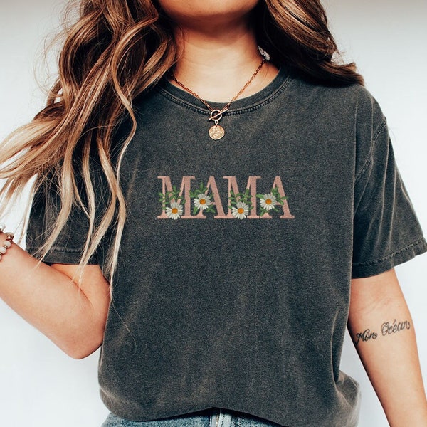 Embroidered Floral Mama Shirt,Comfort Colors Mama,Mom Gift Shirt,Embroidered Mama Shirt,Custom Floral Text Shirt,Personalized Name on Sleeve