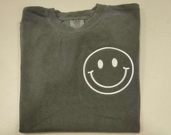 Happy Face Embroidered Comfort Colors Shirt, Smile Oversized Shirt, Happy Shirt, Smile Embroidery Shirt, Smile Shirt