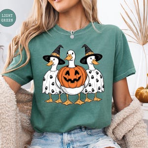 Peut inclure: T-shirt vert clair avec un motif d'Halloween. Le motif repr&eacute;sente trois canards de dessin anim&eacute; portant des chapeaux de sorci&egrave;re et des capes de fant&ocirc;mes. Le canard du milieu est une citrouille sculpt&eacute;e. Les canards ont des becs et des pattes oranges.