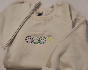 Happy Face Embroidered Sweatshirt/Hoodie ,Embroidered Happy Face Unique Gift Shirt, Smiley Embroidered Hoodie