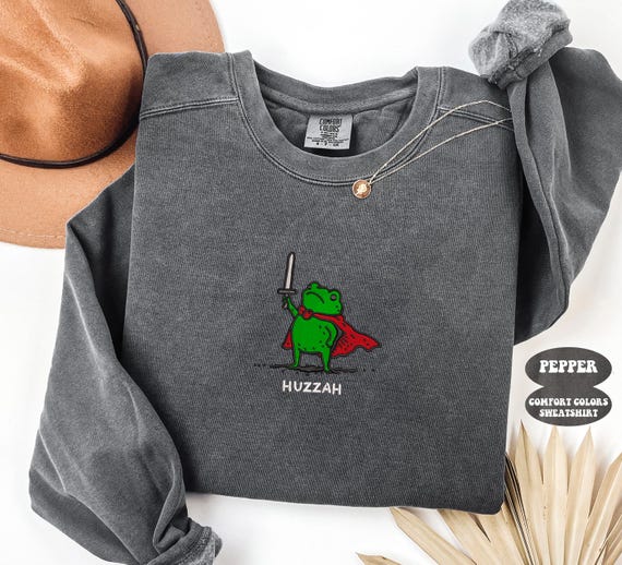 Huzzah Frog with Sword Tee, Embroidered Medieval Frog Shirt, Comfort Colors 1717 CC Shirt, Funny DnD Tee, Renaissance Faire Frog Gift