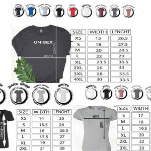 May include: A dark gray unisex t-shirt with size, width, and length measurements. The image also shows a black v-neck t-shirt and a light gray t-shirt with size charts. Various t-shirt color options are displayed.