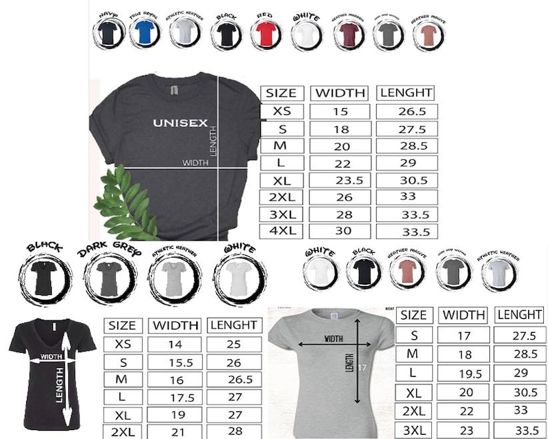 May include: A dark gray unisex t-shirt with size, width, and length measurements. The image also shows a black v-neck t-shirt and a light gray t-shirt with size charts. Various t-shirt color options are displayed.