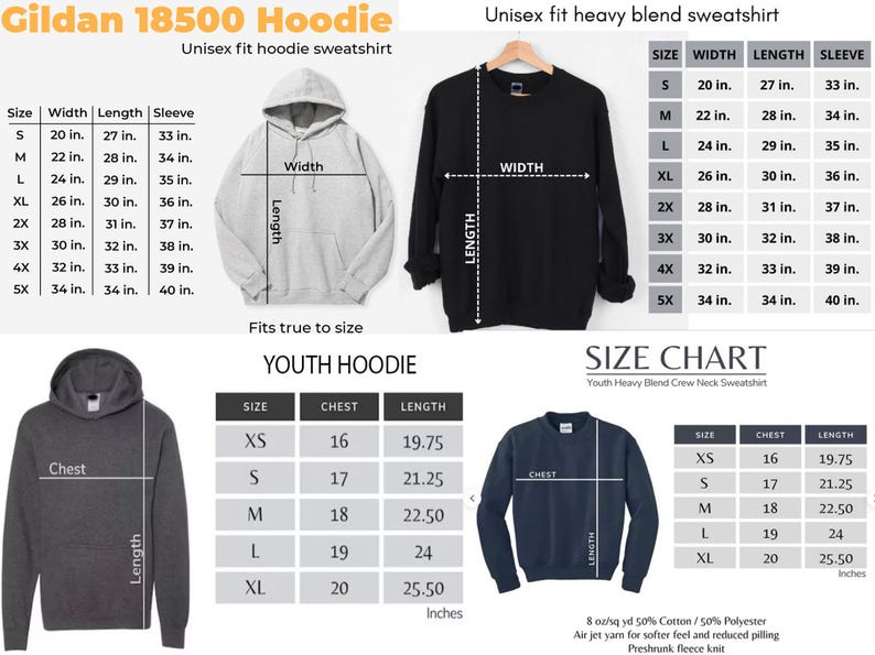 May include: Image features size charts for Gildan 18500 hoodies and unisex heavy blend sweatshirts. Charts include measurements in inches for width, length, and sleeve length. Youth hoodie and crew neck sweatshirt size charts are also shown.
