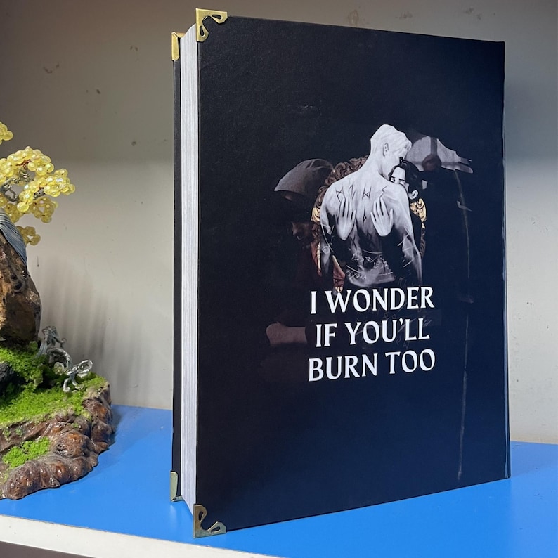 May include: A hardcover book with a black cover featuring a grayscale image of two figures and the text "I WONDER IF YOU'LL BURN TOO" in white. The book has gold corner protectors.