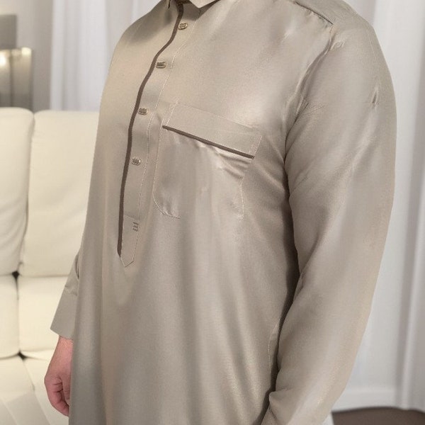 Men's thobe jubbah thobe satin shirt collar, snap button sleeves