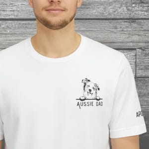 Australian Shepherd "Aussie Dad" Custom Name on Sleeve T-Shirt, Australian Shepherd Dad Gift