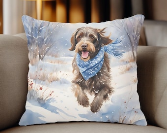 Wirehaired Pointing Griffon Winter Throw Pillow, Wirehaired Pointing Griffon Home Decor, Griffon Owner Gift, Griffon Winter Decor
