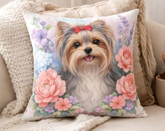 Cojines decorativos con diseño floral de acuarela de Yorkshire Terrier - Disponibles en 4 tamaños - Incluye relleno