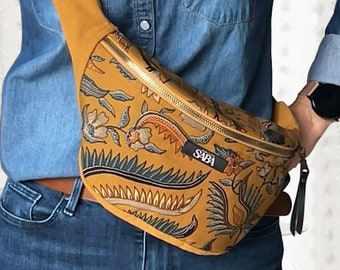 XXL mustard yellow fanny pack, boho batik print, waist bag women