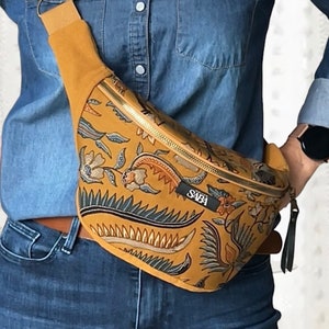 XXL mustard yellow fanny pack, boho batik print, waist bag women